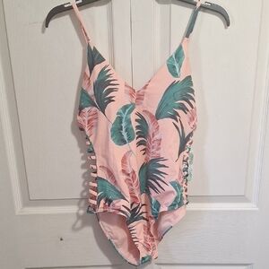 Envya Laddered Sides Floral One Piece Swimsuit - Tropical Palm Leaf Print-Peach